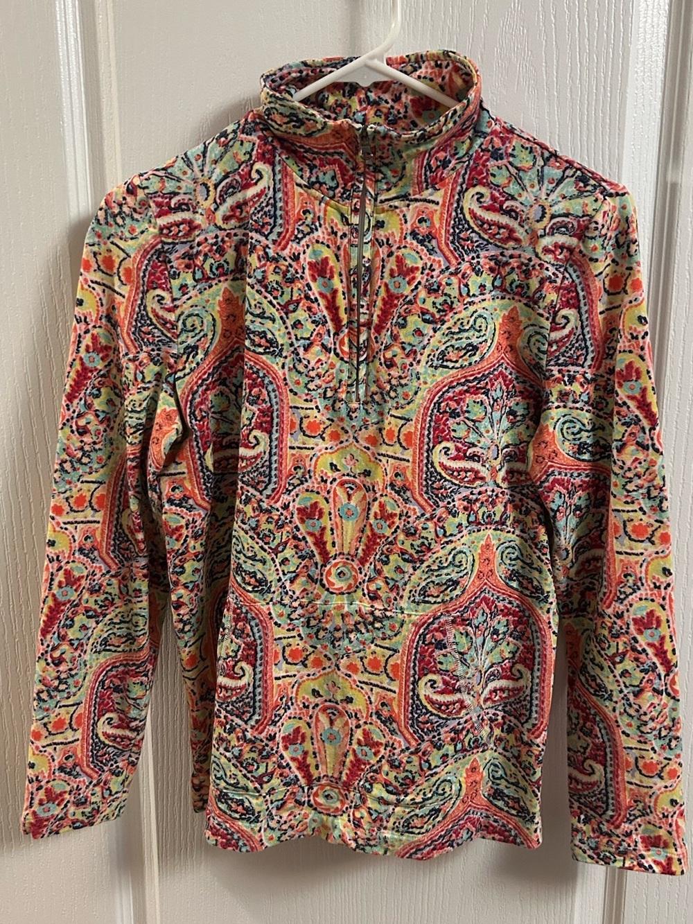 Talbots Bright Paisley Zip-Neck Pullover in Coral, Turquoise & Yellow